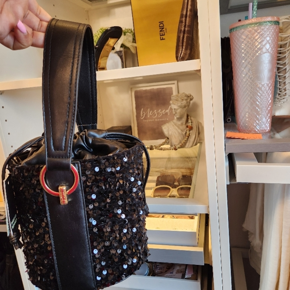 Bradley Mischka Black Sequin Bucket Bag